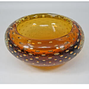 Vintage Murano Controlled Bubble Glass Ashtray Bowl Bullicante Amber Clear Cased